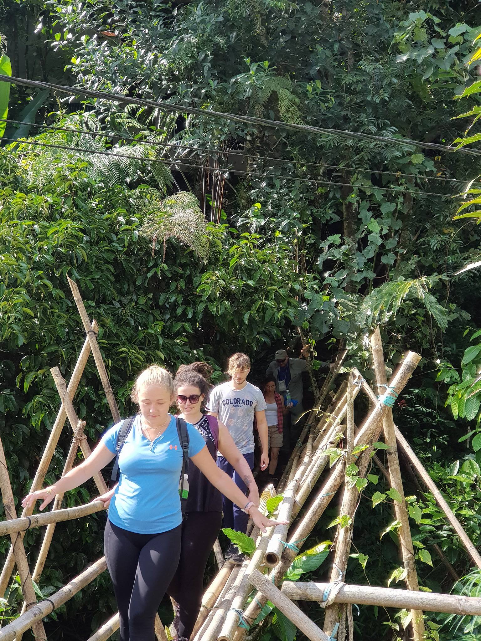 Guests crossing a bamboo bridge