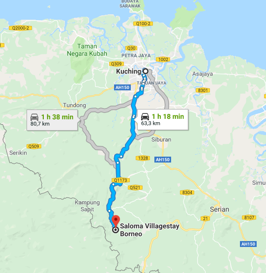 Google map zoom in : driving distance from Kuching to Salomavillagestay